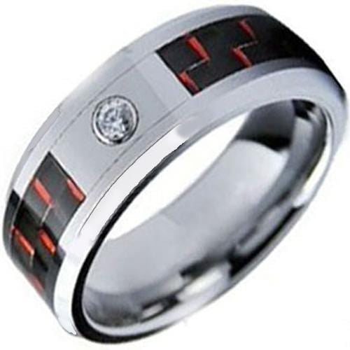 Tungsten Carbide Rings White Tungsten Carbide With Black Red Carbon Fiber & Cubic Zirconia