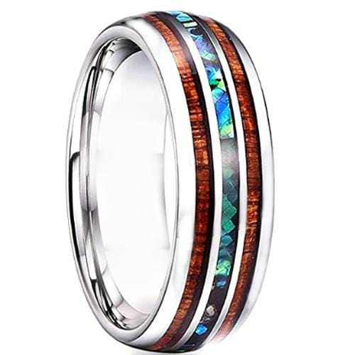 Wooden Rings For Men White Tungsten Carbide Dome Ring With Abalone Shell and Koa  Wood
