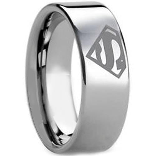 Superman Ring White Tungsten Carbide Superman Pipe Cut Flat Ring