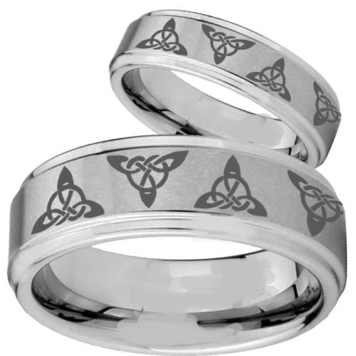 Tungsten Rings For Men White Tungsten Carbide Triquetra Trinity Knots Step Ring