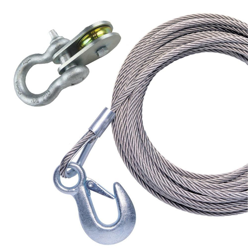 Winch Straps & Cables Powerwinch 50' x 7/32" Stainless Steel Universal Premium Replacement Galvanized Cable w/Pulley Block [P1096600AJ] Powerwinch