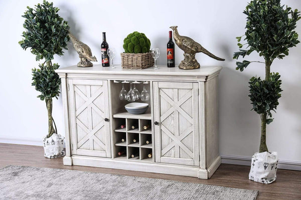 Wooden Server with Two Door Cabinet and Wine Bottle Rack, White