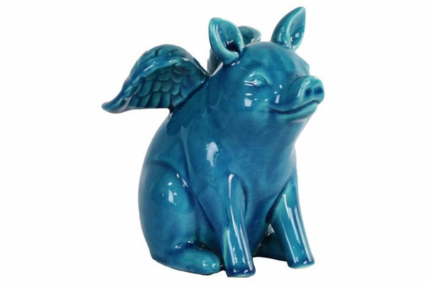 Winged Pig Sitting Figurine In Ceramic, Turquoise Blue-Animal Statues-Blue-Ceramic-Glossy Turquoise-JadeMoghul Inc.