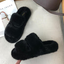 Winter Women House Furry Slippers Fashion Faux Fur Warm Shoes Women Slip on Flats Female Home Slides Black Plush Slippers AExp