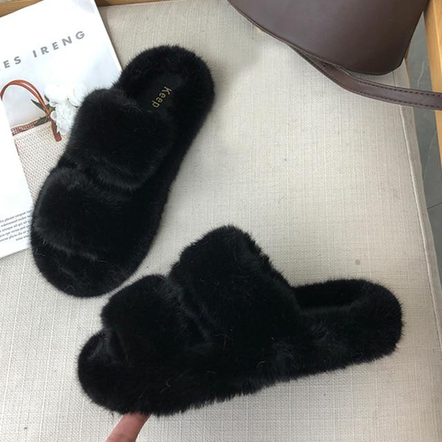 Winter Women House Furry Slippers Fashion Faux Fur Warm Shoes Women Slip on Flats Female Home Slides Black Plush Slippers AExp