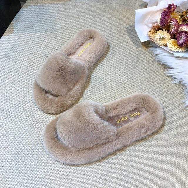 Winter Women House Furry Slippers Fashion Faux Fur Warm Shoes Women Slip on Flats Female Home Slides Black Plush Slippers AExp