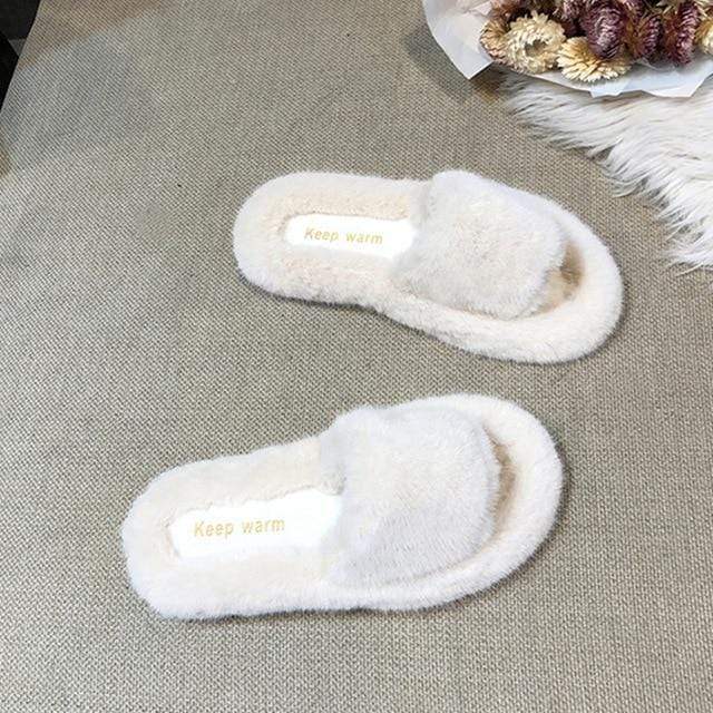 Winter Women House Furry Slippers Fashion Faux Fur Warm Shoes Women Slip on Flats Female Home Slides Black Plush Slippers AExp