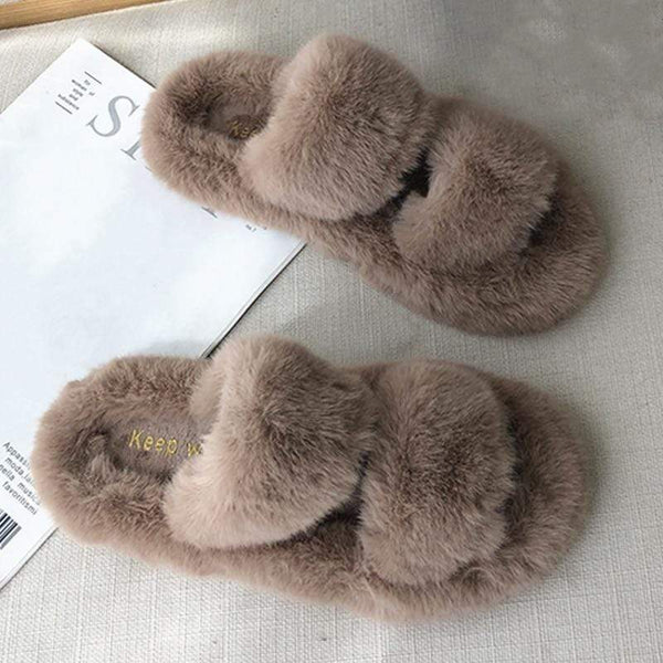 Winter Women House Furry Slippers Fashion Faux Fur Warm Shoes Women Slip on Flats Female Home Slides Black Plush Slippers AExp