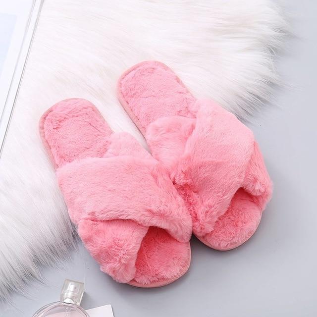 Winter Women House Slippers Faux Fur Fashion Warm Shoes Woman Slip on Flats Female Slides Black Pink cozy home  furry slippers AExp