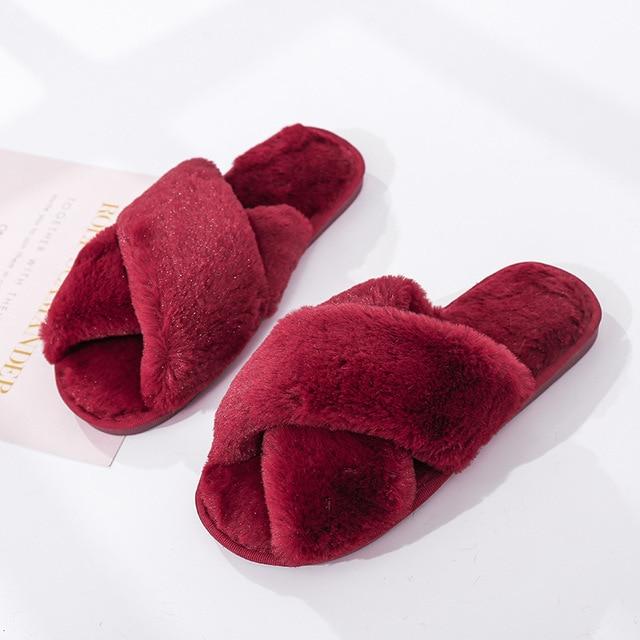 Winter Women House Slippers Faux Fur Fashion Warm Shoes Woman Slip on Flats Female Slides Black Pink cozy home  furry slippers AExp