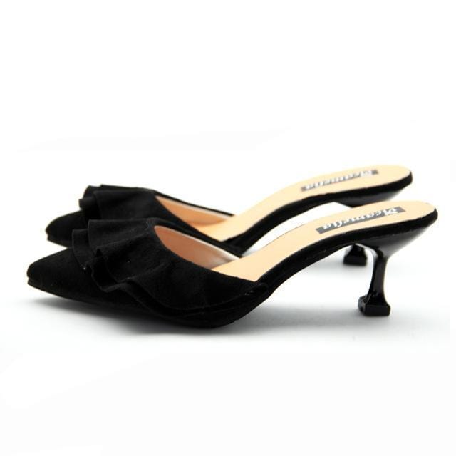 Woman Flounce Middle Heel Slippers Shallow Out Ladies Slides Sandals Pointed Toe Mules Female Temperament Shoes Vicamelia 012-Black-5-JadeMoghul Inc.