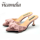 Woman Flounce Middle Heel Slippers Shallow Out Ladies Slides Sandals Pointed Toe Mules Female Temperament Shoes Vicamelia 012-Black-5-JadeMoghul Inc.