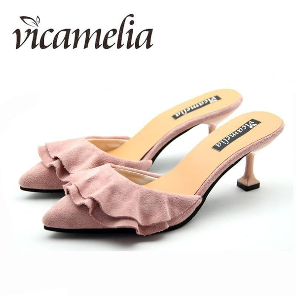 Woman Flounce Middle Heel Slippers Shallow Out Ladies Slides Sandals Pointed Toe Mules Female Temperament Shoes Vicamelia 012-Black-5-JadeMoghul Inc.