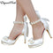 Woman Wedding Shoes White Ivory High Heel Round Toe Platform Pearls Ankle Strap Bow Satin Lady Prom Evening Bridal Pumps EP11074