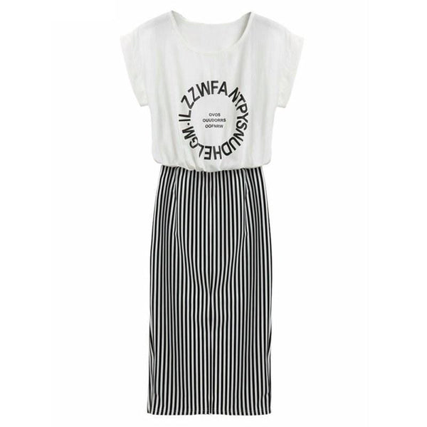 Women 2 in 1 One-piece Letter Print Striped Blouse Dress Midi Short Sleeve Bodycon Long Dress-White-L-JadeMoghul Inc.