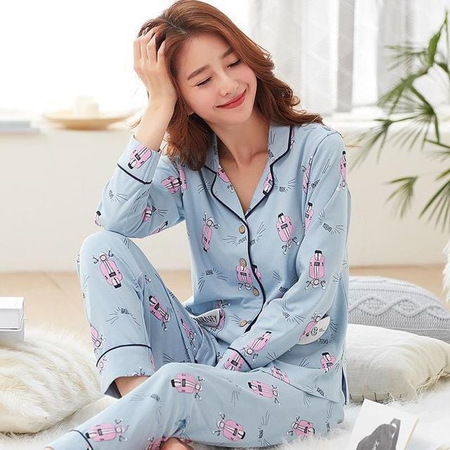 Women 2 Piece Cotton Printed Pajama Set With Front Button Closure-6941am-XL-JadeMoghul Inc.