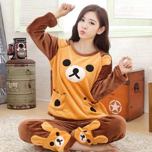 Women 2 Piece Soft Plush Pajama Set-15 Yello bear-M-JadeMoghul Inc.