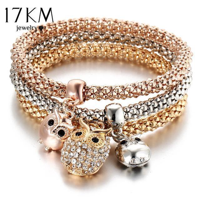 Women 3 Pcs Color Trio Crystal Owl , Elephant , Anchor Charm Bracelet Set-BJCS237-JadeMoghul Inc.
