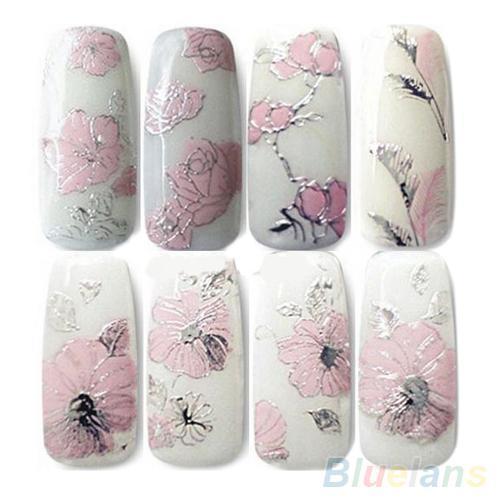 Women 3D Embossed Pink And Silver Flower Design Nail Decal And Sticker Sheet--JadeMoghul Inc.
