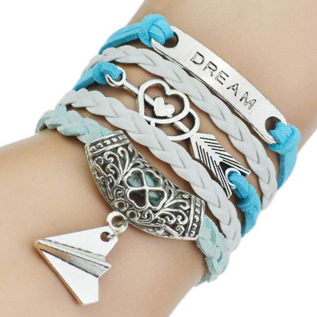 Women 5 Pcs Leather Bracelets With Antique Silver Owl, Tree, Love Charms-3-JadeMoghul Inc.
