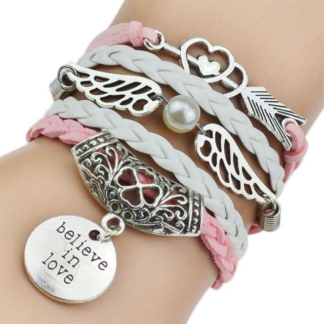 Women 5 Pcs Leather Bracelets With Antique Silver Owl, Tree, Love Charms-4-JadeMoghul Inc.