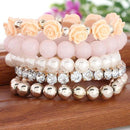 Women 5 Pcs Rose , Bead , Pearl , Crystal  Bracelet Set