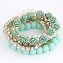 Women 5 Pcs Rose , Bead , Pearl , Crystal Bracelet Set-Green-JadeMoghul Inc.