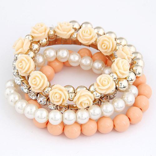 Women 5 Pcs Rose , Bead , Pearl , Crystal Bracelet Set-Orange-JadeMoghul Inc.