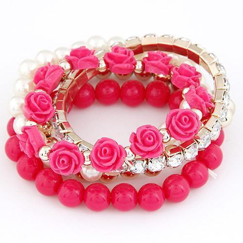 Women 5 Pcs Rose , Bead , Pearl , Crystal Bracelet Set-Rose red-JadeMoghul Inc.