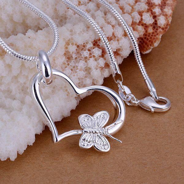 Women 925 Silver Plated Butterfly Heart Pendant Necklace And Chain--JadeMoghul Inc.