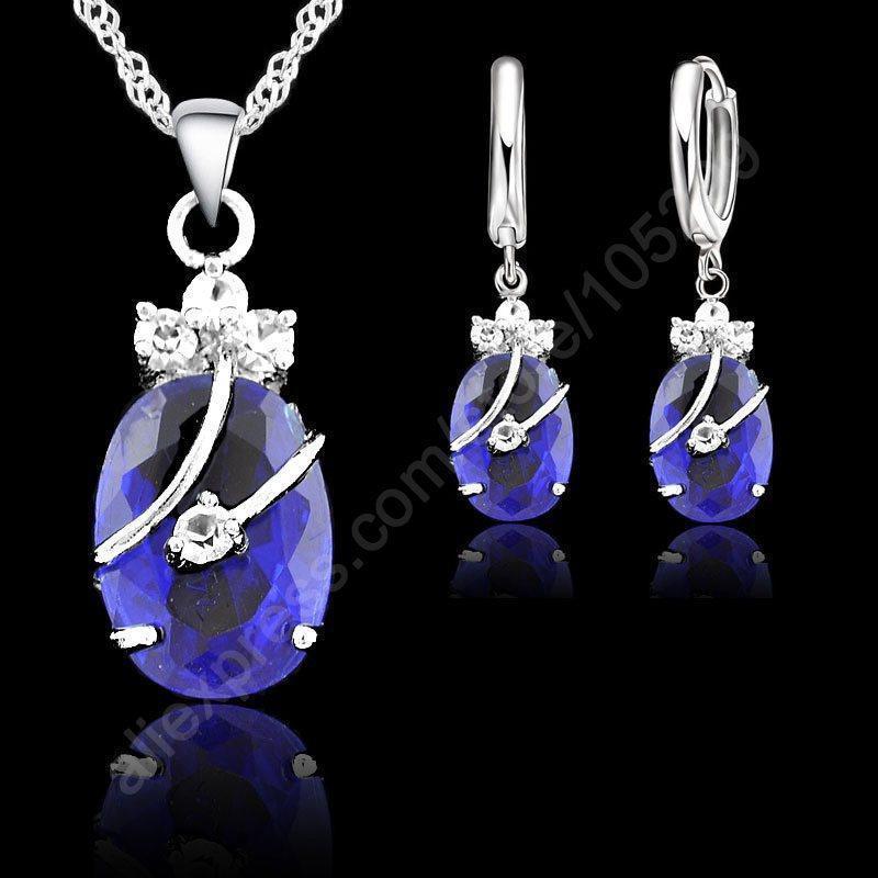 Women 925 Sterling Silver Cubic Zircon Pendant Necklace And Earrings Gift Set-Black-JadeMoghul Inc.