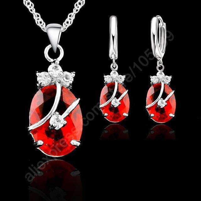 Women 925 Sterling Silver Cubic Zircon Pendant Necklace And Earrings Gift Set-Red-JadeMoghul Inc.