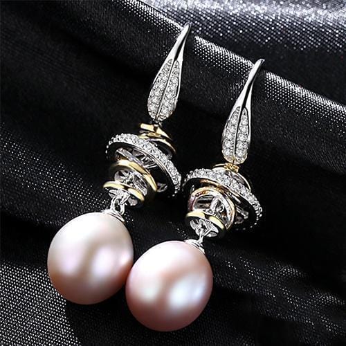 Women .925 Sterling Silver Geometric Design Fresh Water Pearl Drop Earrings-Purple-JadeMoghul Inc.