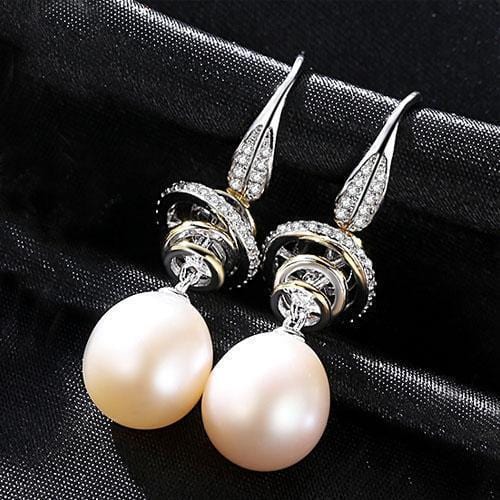 Women .925 Sterling Silver Geometric Design Fresh Water Pearl Drop Earrings-White-JadeMoghul Inc.