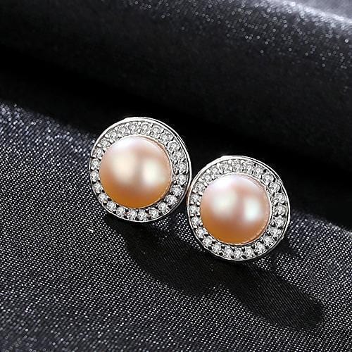Women 925 Sterling Silver Natural Pearl Stud Earrings With Zircon-Pink-JadeMoghul Inc.