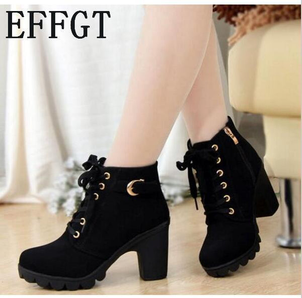 Women Ankle Length Winter Boots With Lace And Buckle Detailing-Black-4-JadeMoghul Inc.