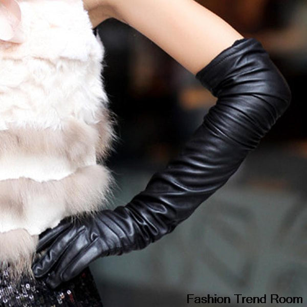 Women Arm / Elbow Length PU Leather Gloves-black long-JadeMoghul Inc.