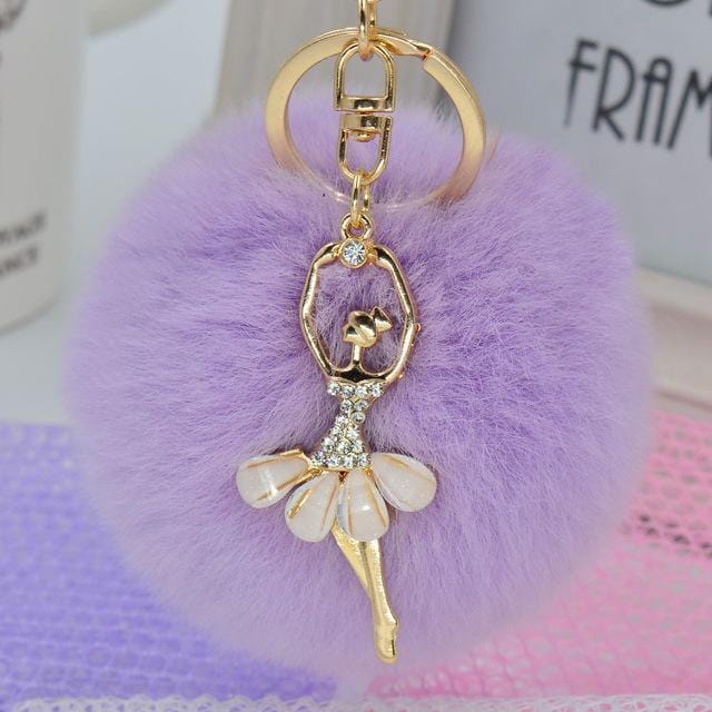 Women Ballerina Inspired Rabbit Fur Pom Pom Keychain/ Bag Charm-light purple-JadeMoghul Inc.