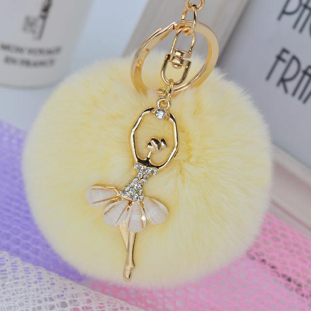 Women Ballerina Inspired Rabbit Fur Pom Pom Keychain/ Bag Charm-light yellow-JadeMoghul Inc.