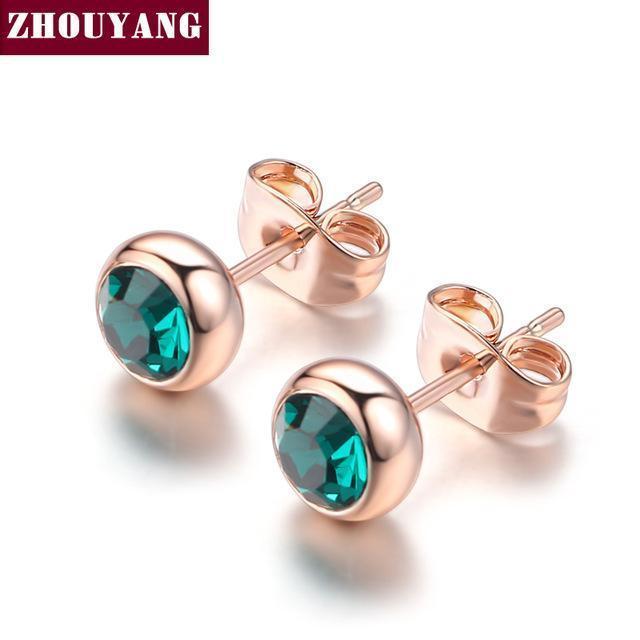 Women Basic Round Crystal Stud Earrings-RoseGold Green-JadeMoghul Inc.