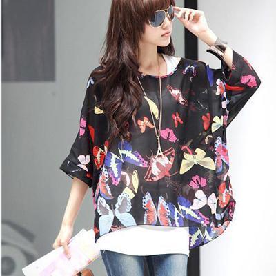 Women Batwing Sleeves Printed chiffon Shirt Top-picture color 1-4XL-JadeMoghul Inc.