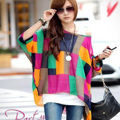 Women Batwing Sleeves Printed chiffon Shirt Top-picture color 11-4XL-JadeMoghul Inc.