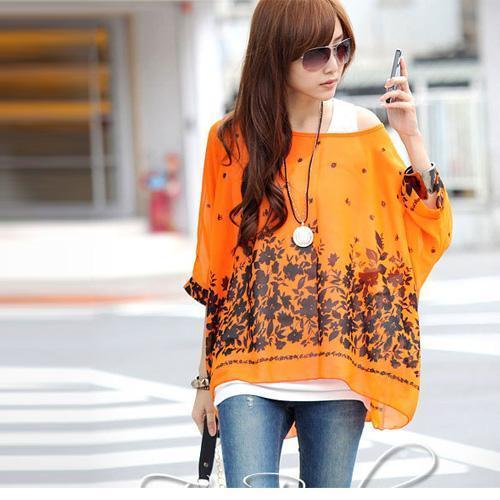 Women Batwing Sleeves Printed chiffon Shirt Top-picture color 18-4XL-JadeMoghul Inc.