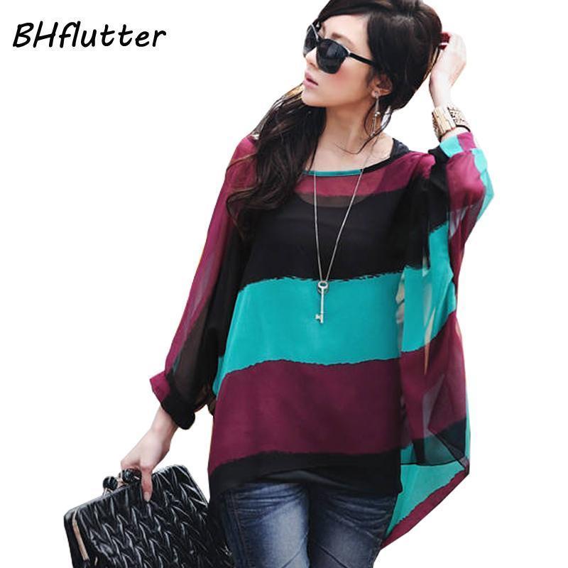 Women Batwing Sleeves Printed chiffon Shirt Top-picture color 22-4XL-JadeMoghul Inc.