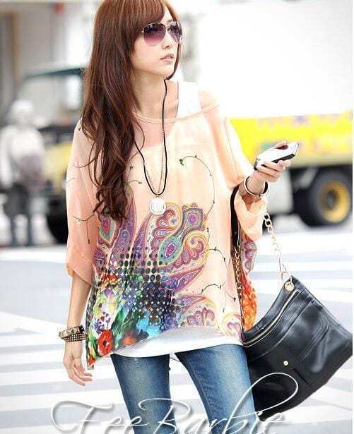 Women Batwing Sleeves Printed chiffon Shirt Top-picture color 3-4XL-JadeMoghul Inc.