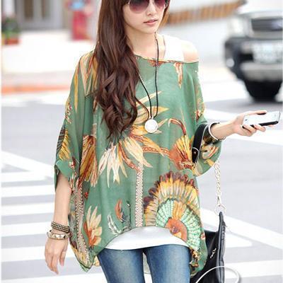 Women Batwing Sleeves Printed chiffon Shirt Top-picture color 6-4XL-JadeMoghul Inc.