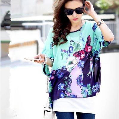 Women Batwing Sleeves Printed chiffon Shirt Top-picture color 9-4XL-JadeMoghul Inc.