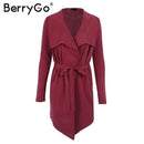 Women Belted Long Collared Coat-wine red-One Size-JadeMoghul Inc.