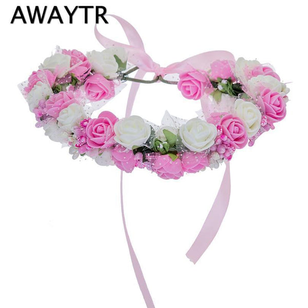 Women Bezel Flowers on Head AWAYTR Girls Flower Crown Wreath Wedding Bridal Hair Accessories Double Foam Rose Floral Headband AExp