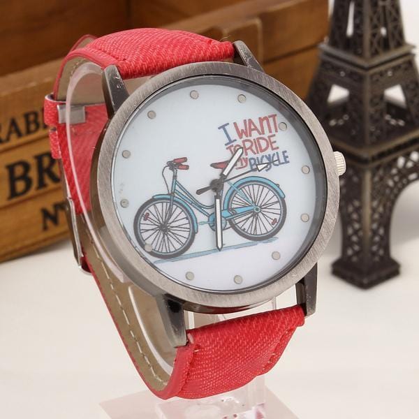 Women Bicycle Design And Denim Strap Quartz Watch-Red-JadeMoghul Inc.